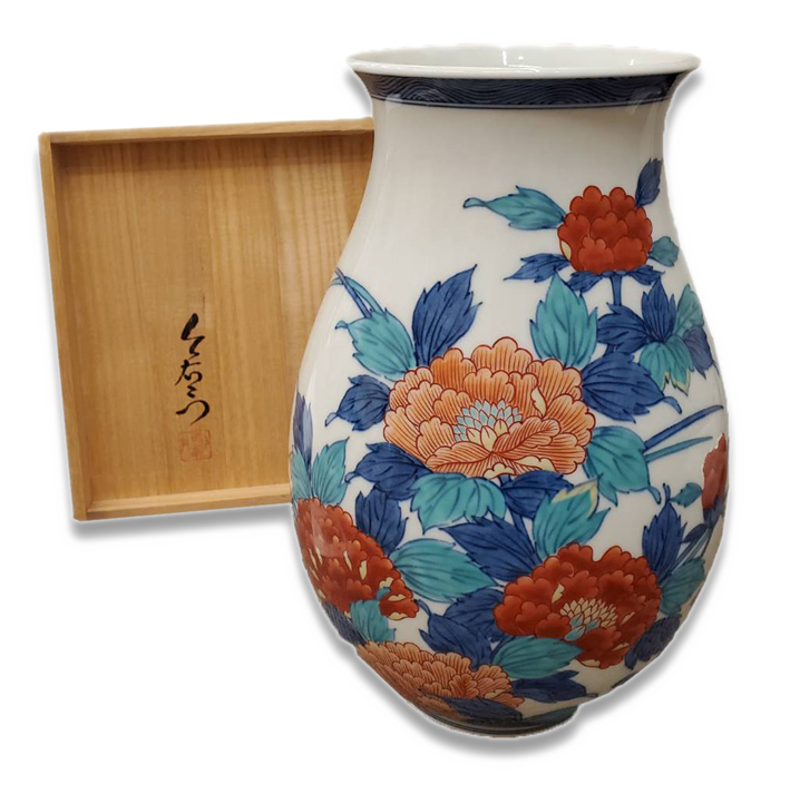 人間国宝 今泉今右衛門作 錦岩牡丹絵 花瓶（人間国宝 12代 今泉今右 